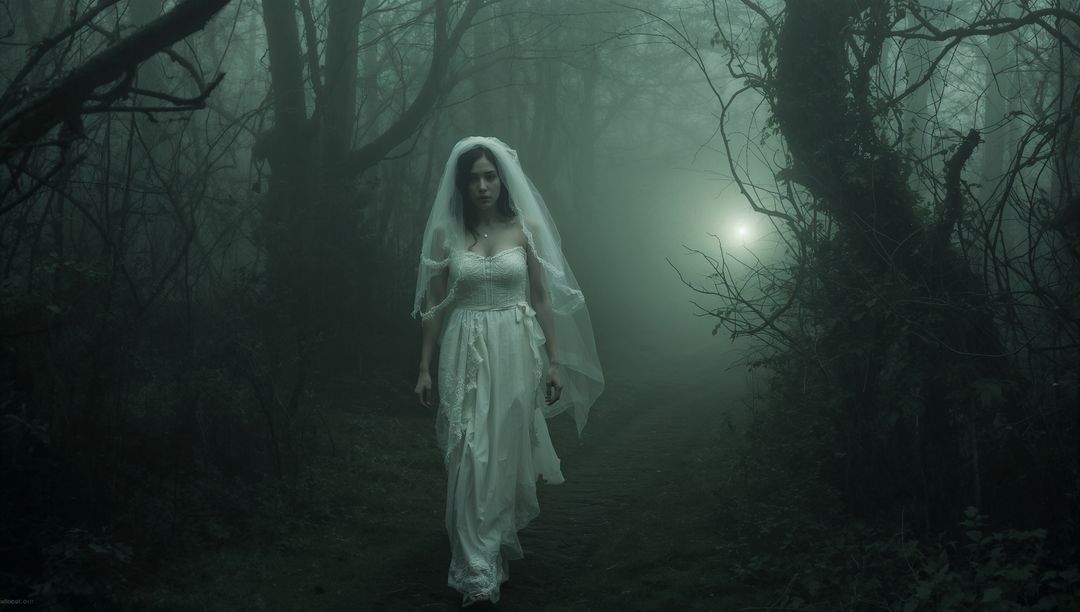Mysterious Bride Walking Through Misty Forest at Night