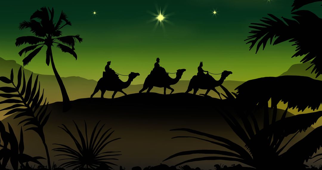 Silhouettes of Three Wise Men Bringing Gifts Across Desert