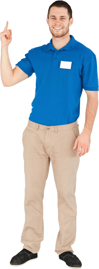 Transparent Smiling Salesman Pointing Upwards