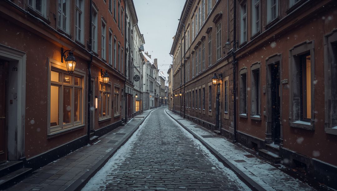 Snowy Cobblestone Alley at Dusk with Warm Lantern Light and Historic European Facades