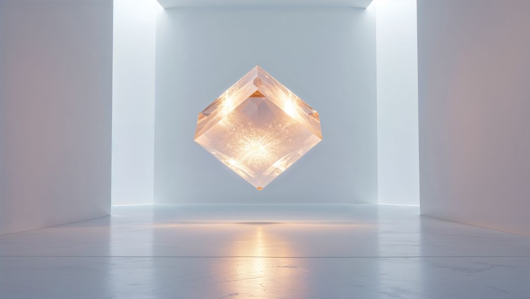 Luminescent Crystal Cube Floating in Minimalist Space