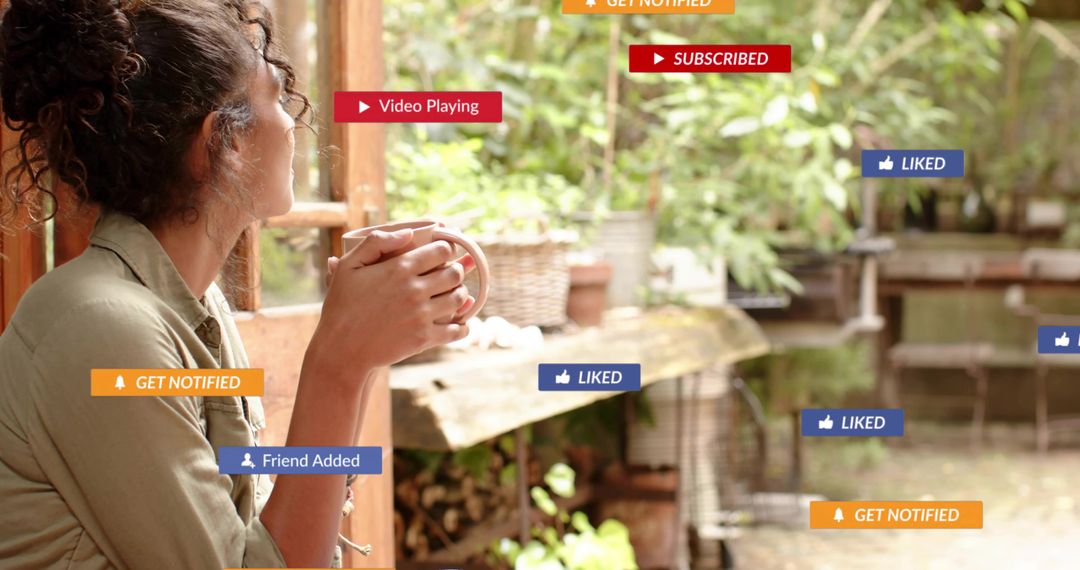 Woman Holding Mug Gazing from Rustic Patio with Social Media Notifications Overlay