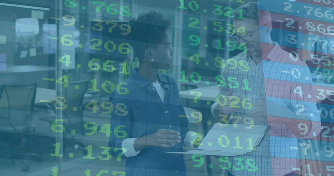 Collaborating professionals analyzing live market data overlay in modern office workspace