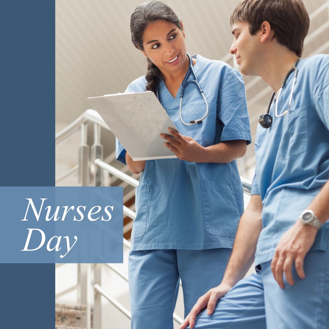 Composition of happy nurses day text over diverse nurses talking - Download Free Stock Templates Pikwizard.com