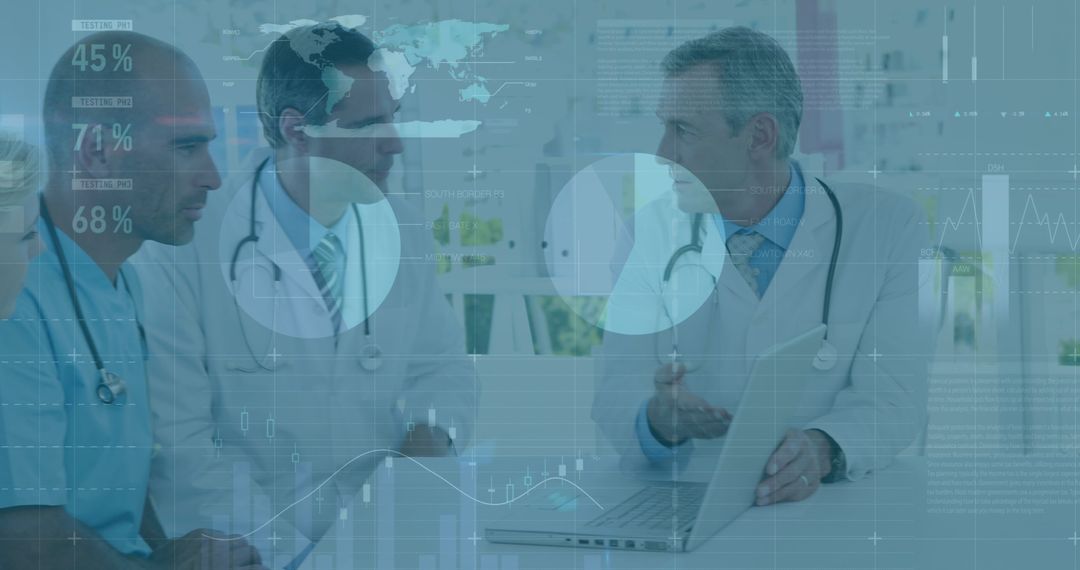 Doctors Discussing Healthcare Data with Futuristic Interface Overlay