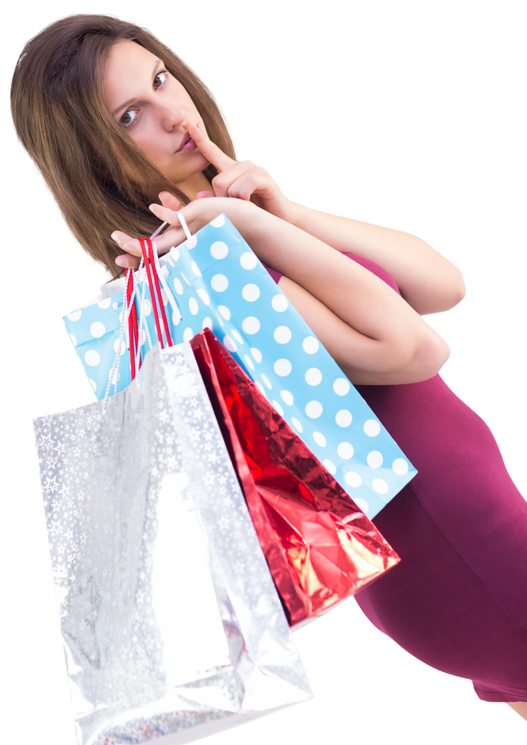 Transparent Woman Hushes While Holding Shopping Bags with Secrets - Download Free Stock Images Pikwizard.com