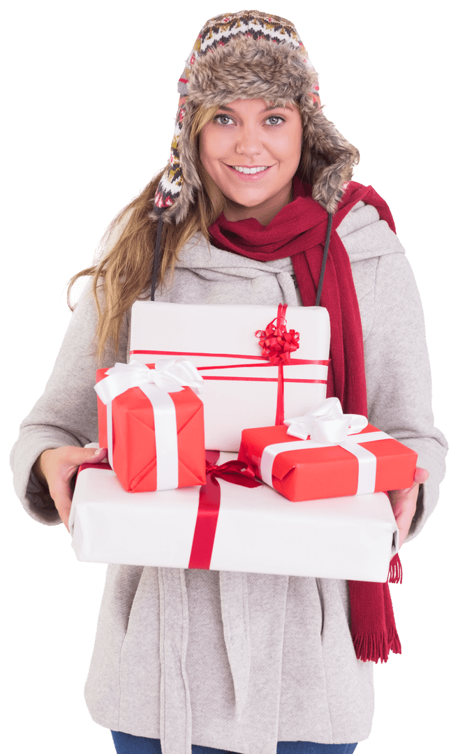 Smiling Woman in Winter Clothes with Gift Boxes on Transparent Background
