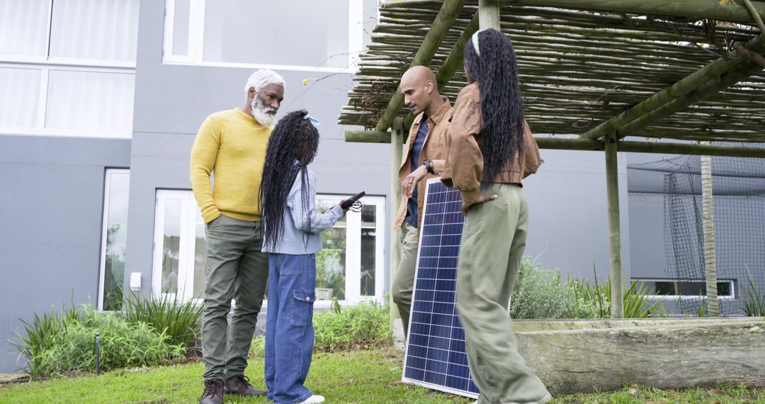 Diverse Family Installing Solar Panel and Teaching Child About Clean Energy