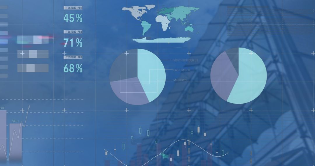 Futuristic Business Interface with Data Charts Against Skyscraper