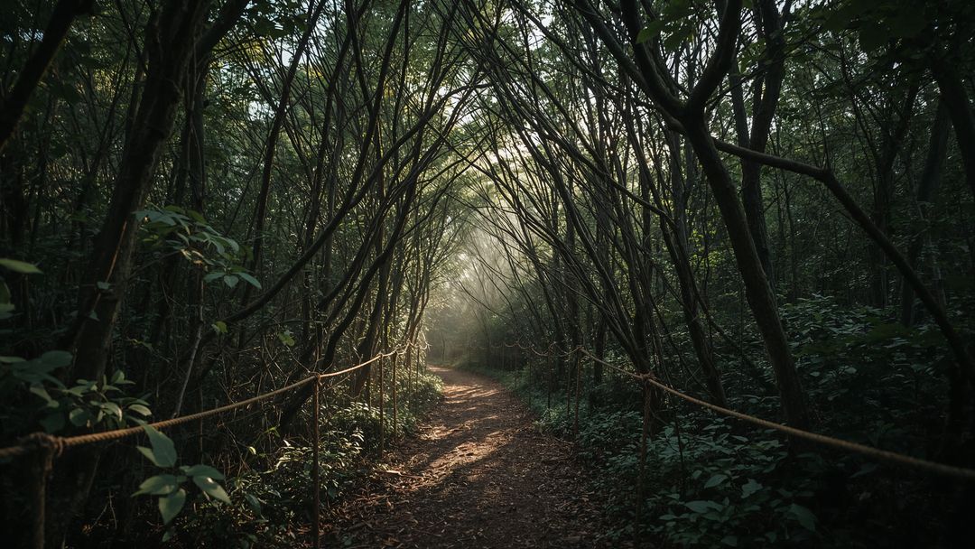 Tranquil Forest Pathway with Sunlit Foliage Canopy