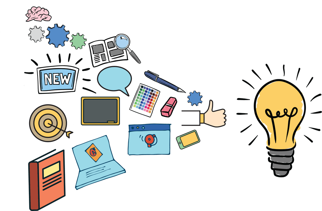 Creative Business Icons and Light Bulb on Transparent Background