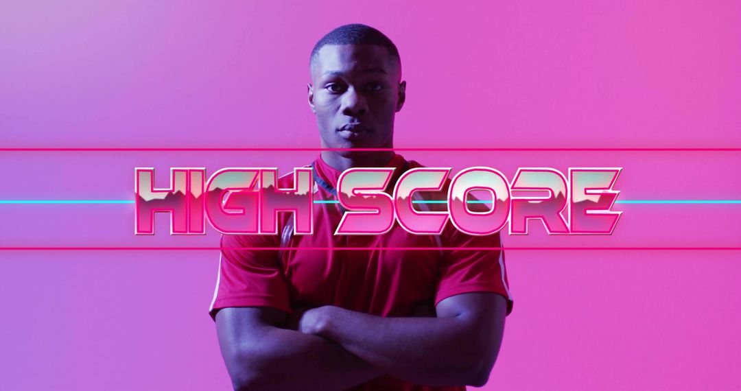 Retro Neon High Score Arcade Portrait of Confident Male Athlete in Magenta Cyan Gradient