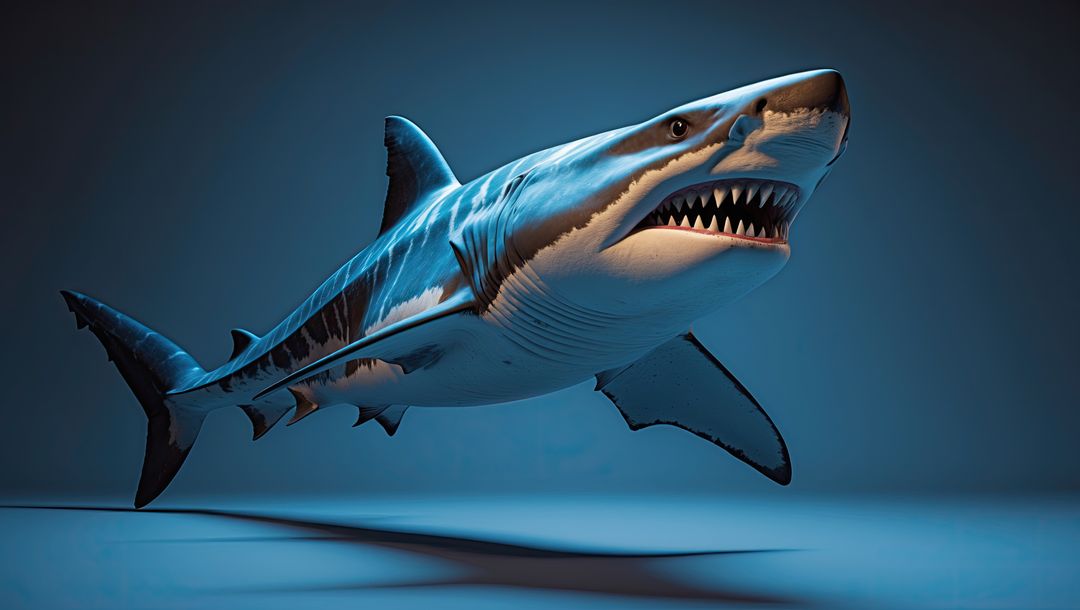 Striking digital render of predatory megalodon shark in minimalistic ocean
