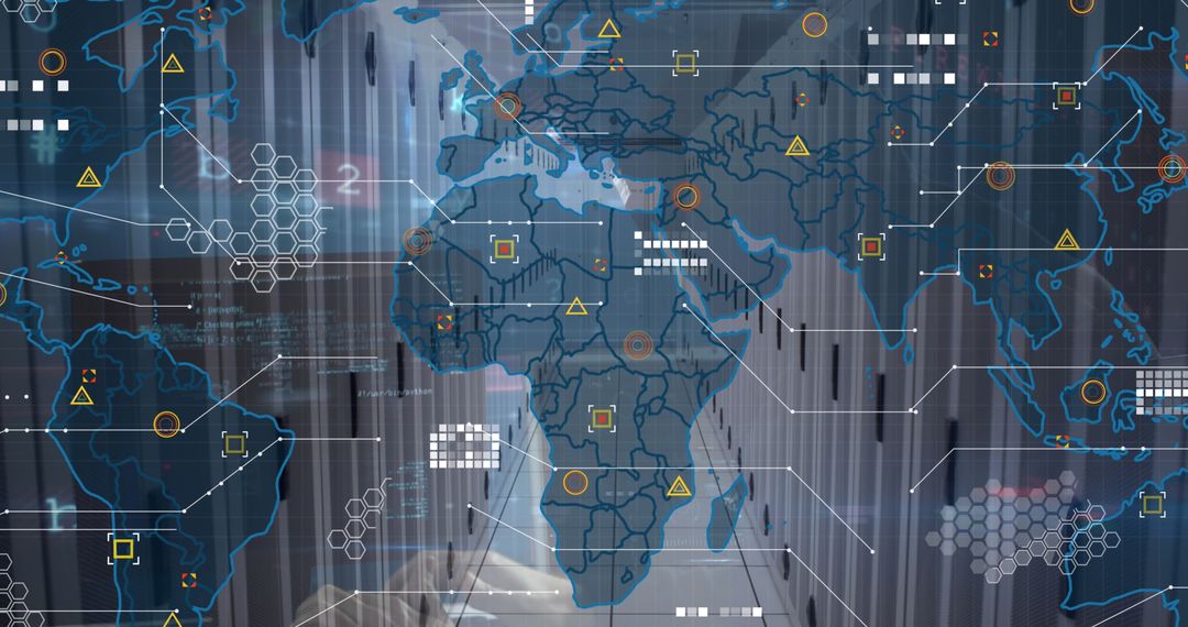 Global Cybersecurity Data with World Map Overlay and Server Room - Free Images, Stock Photos and Pictures on Pikwizard.com