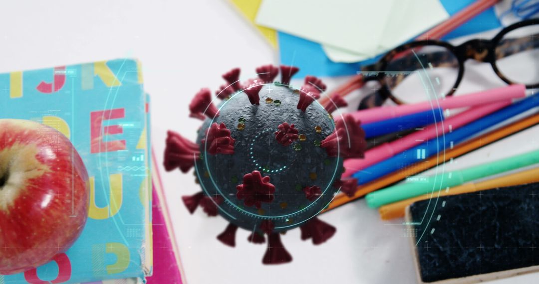 Virtual Representation of COVID-19 with School Supplies on Desk