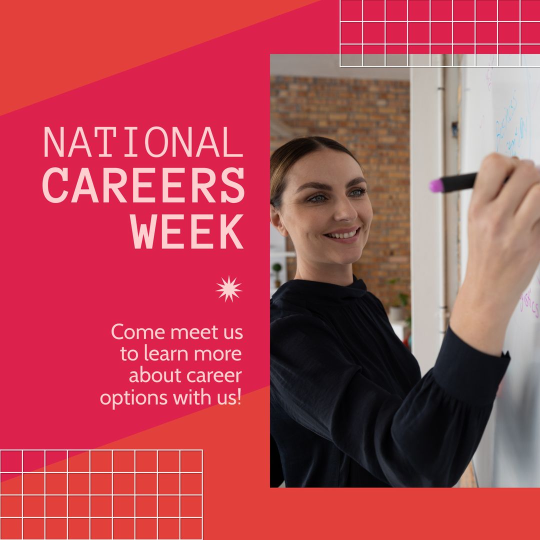 Smiling Woman Writing on Whiteboard for National Careers Week