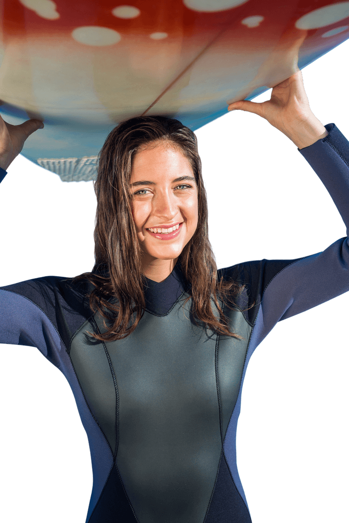 Transparent Young Surfer Woman Smiling with Surfboard