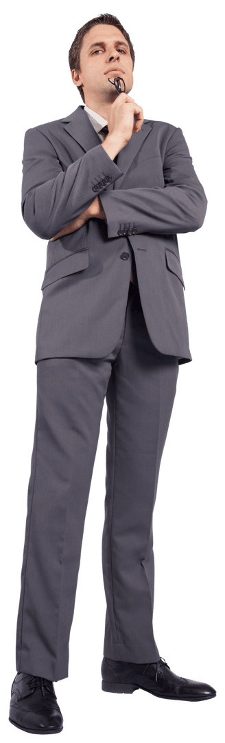 Serious Businessman Posing Holding Glasses on Transparent Background