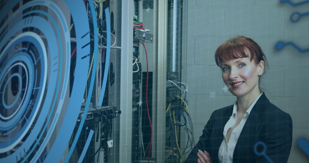 Confident Businesswoman in Modern Server Room Overlooking Data Technology
