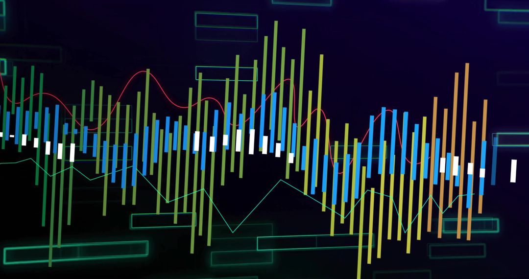 Neon Financial Data Visualization with Multicolored Candlestick Bars and Trend Lines