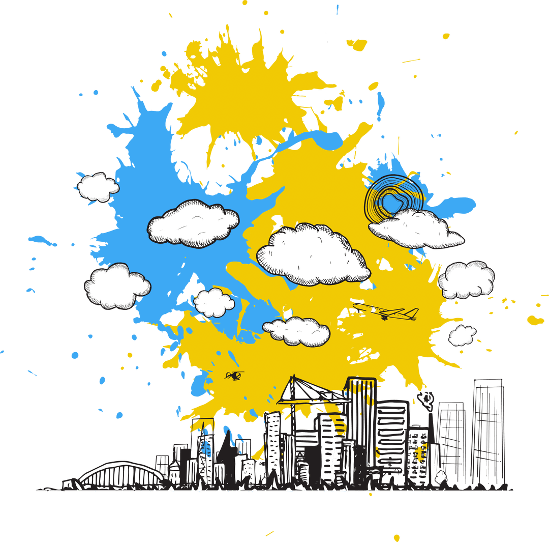 Transparent Cityscape with Colorful Clouds and Abstract Elements