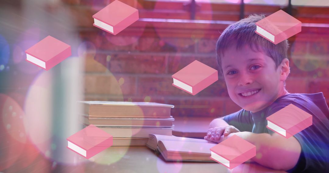 Happy Schoolboy Reading with Floating Books Graphics