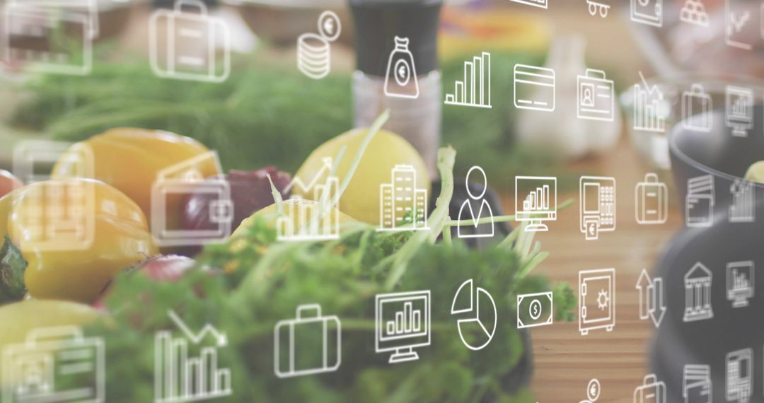 Overlaying finance icons on fresh peppers, greens and lemon on rustic wooden counter