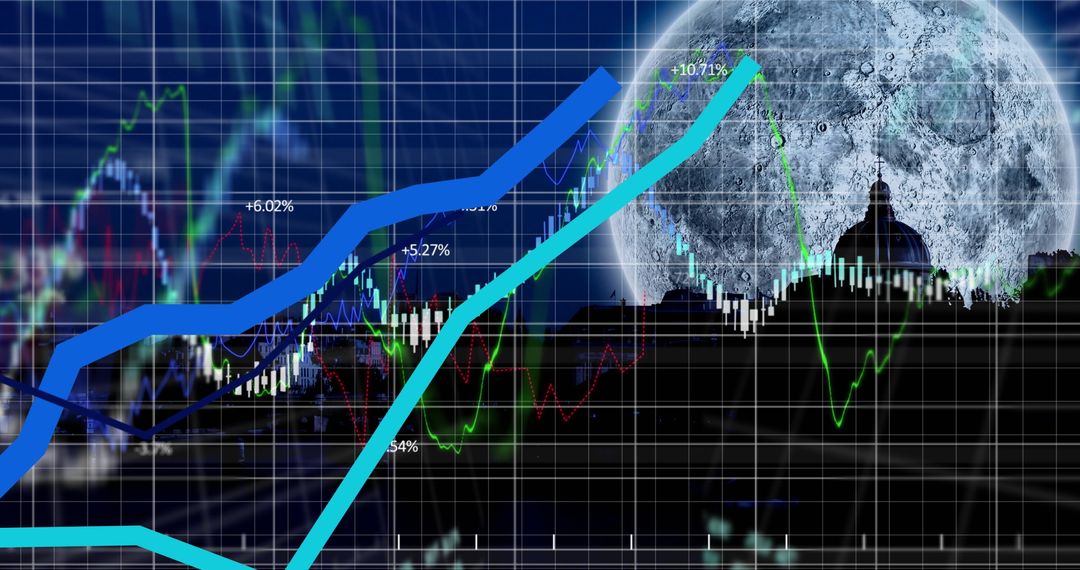 Financial Data and Moonlit Cityscape Fusing Global Business Insights