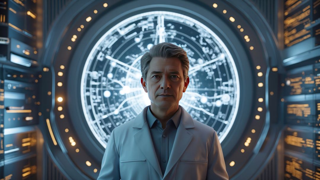 Astrophysicist in futuristic control room with star chart