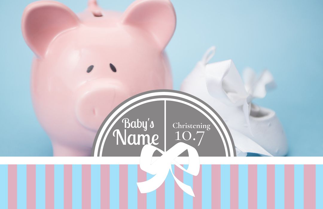 Baby Christening Invitation with Piggy Bank and Shoes