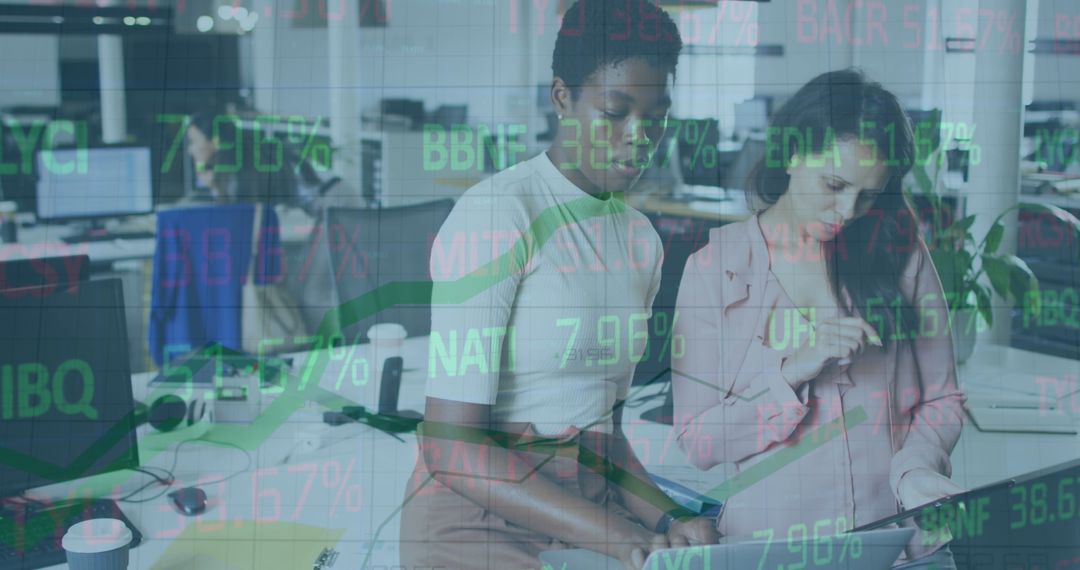 Diverse Team Analyzing Data with Stock Market Overlay