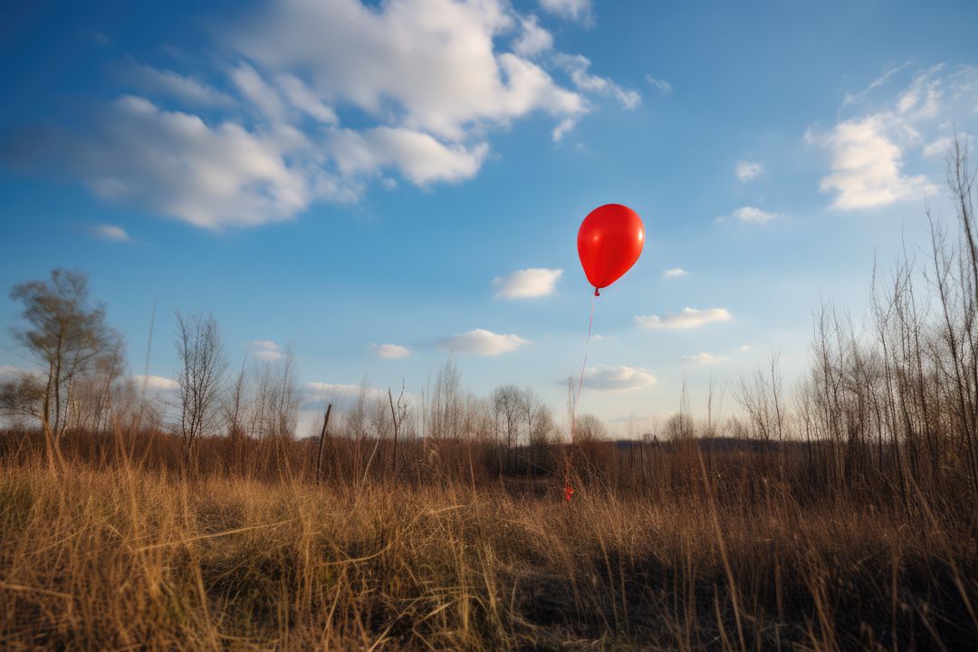 Red balloon in cloudy blue sky over countryside, copy space, created using generative ai technology - Free Images, Stock Photos and Pictures on Pikwizard.com