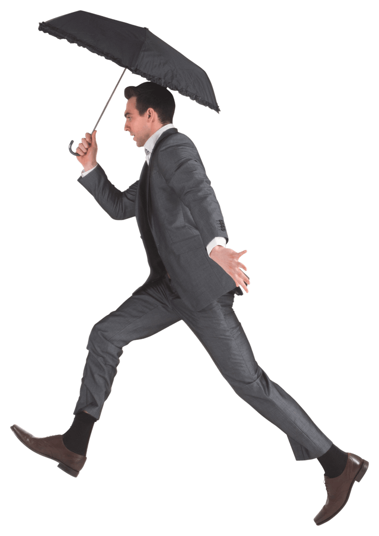 Transparent Businessman In Mid-Stride With Umbrella Overhead