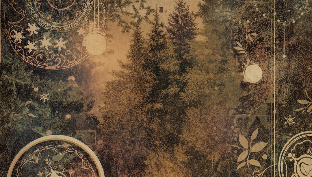 Vintage Sepia Evergreen Trees with Mandala and Filigree