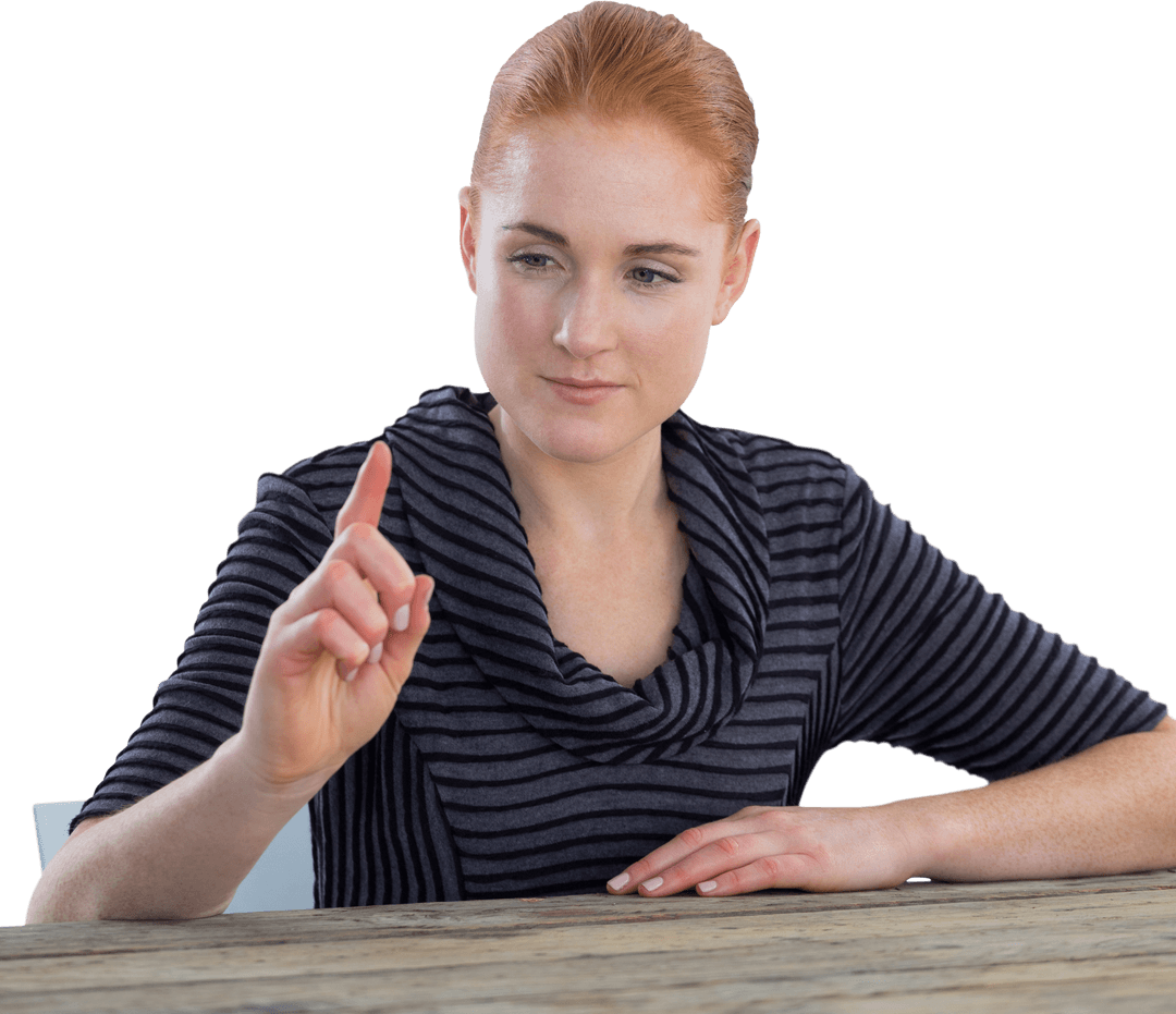 Transparent Touching Technology Woman Sitting at Wooden Table