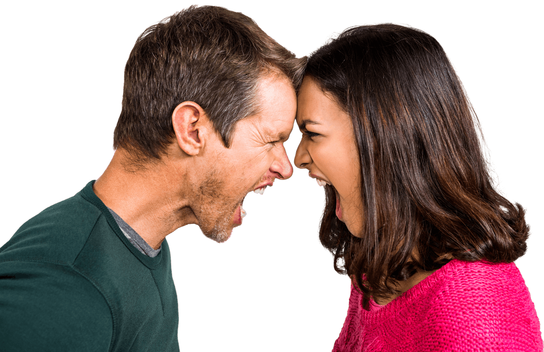 Couple Head to Head Yelling on Transparent Background