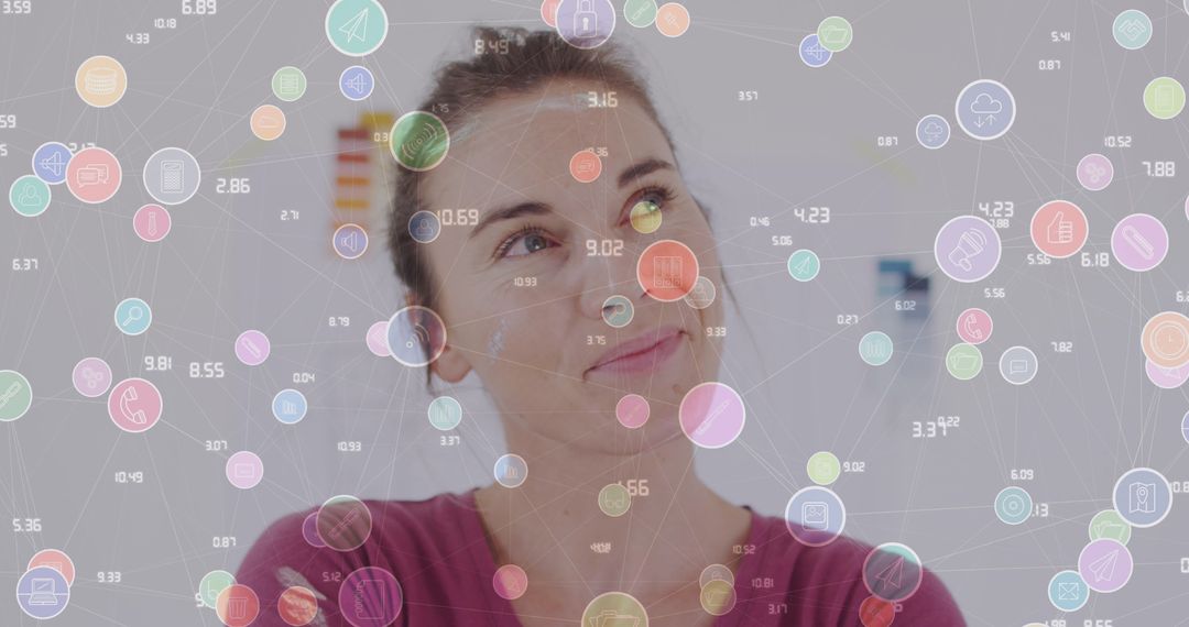 Woman Smiling with Overlay of Digital Network Icons