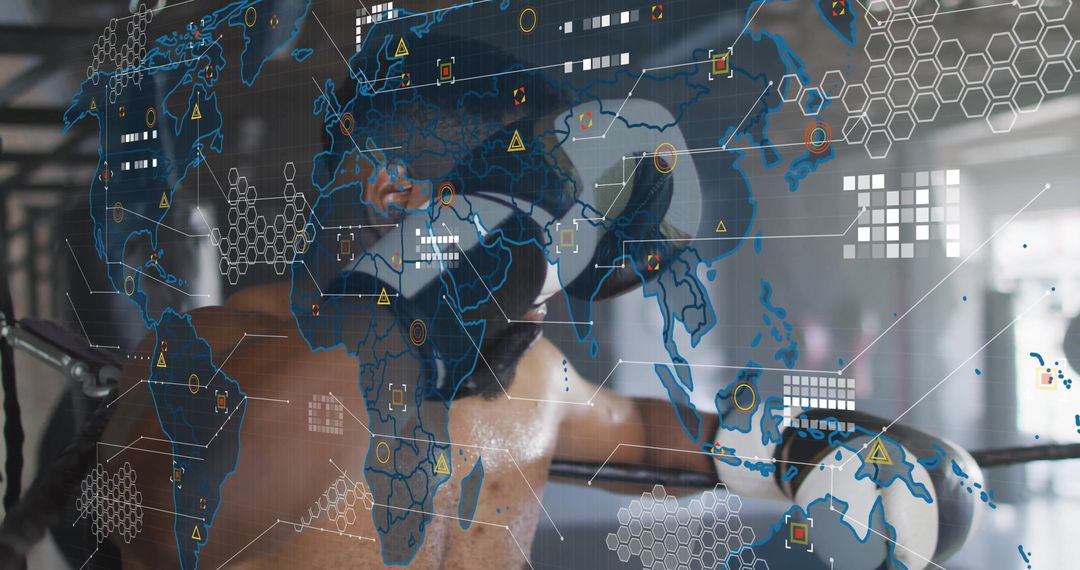 Athlete Training in Virtual Reality Boxing Ring with World Map Overlay