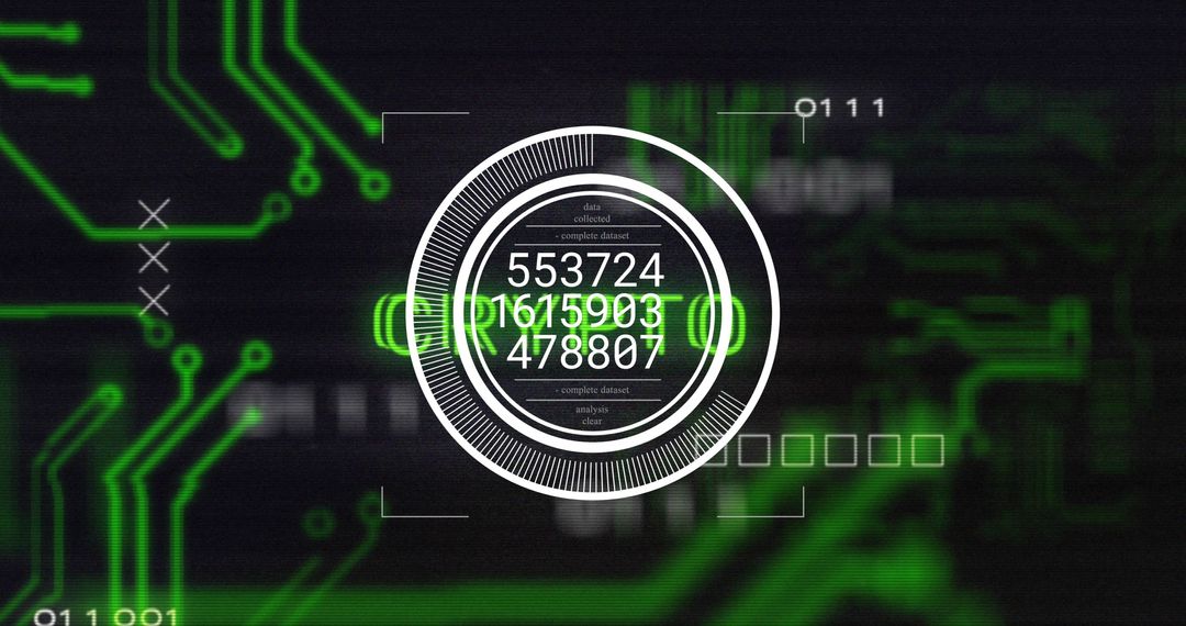 Futuristic Digital Interface Display with Numeric Data and Circuitry