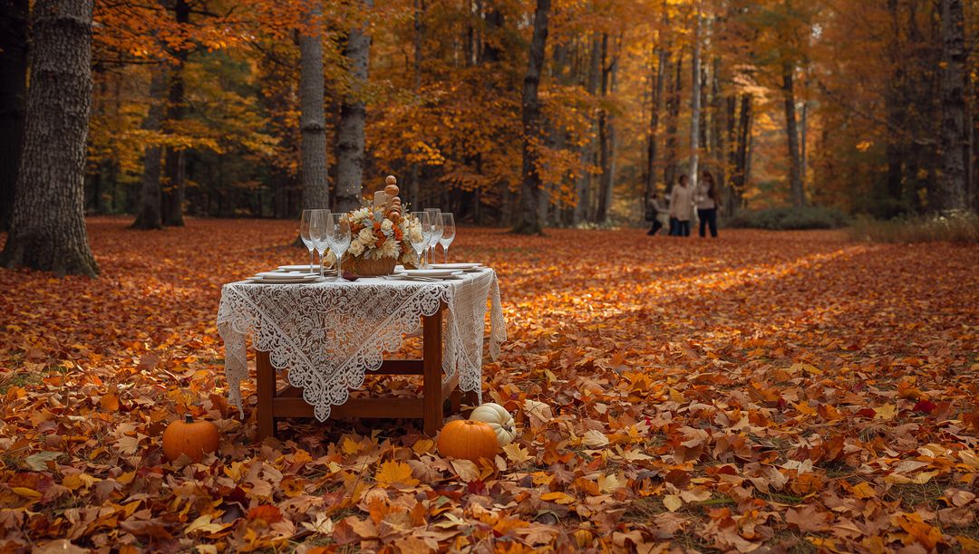 Lace Table Setting in Autumn Forest with Pumpkins, Wine Glasses and Floral Centerpiece