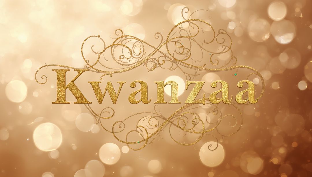 Golden Kwanzaa Greeting Featuring Ornamental Swirls, Glittering Gold Typography and Bokeh
