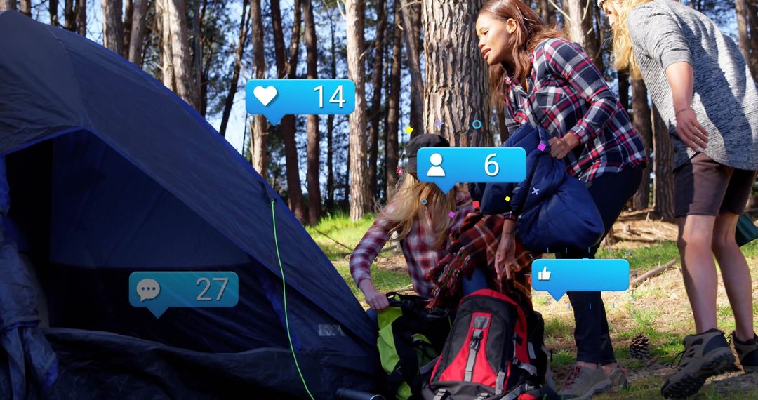 Friends Setting Up Tent During Pine Forest Camping Adventure