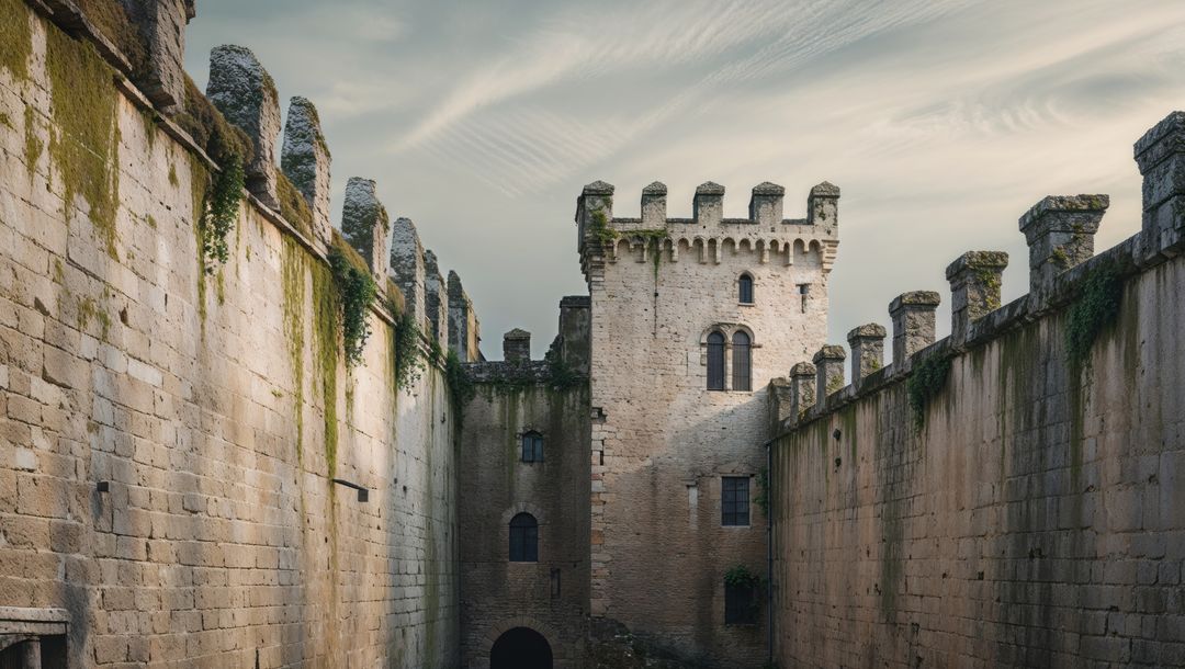 Medieval fortress with tower and crenellated parapets in trieste, italy