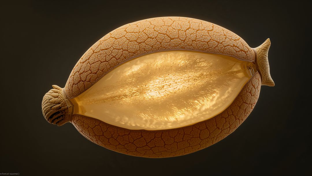 Golden Seed Pod Splitting Open, Revealing Translucent Membrane and Fibrous Interior