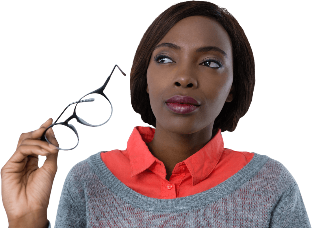 Thoughtful transparent woman holding glasses reflecting future vision