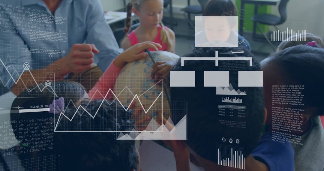 Schoolchildren Collaborating with Teacher on Tech-Driven Geography Project