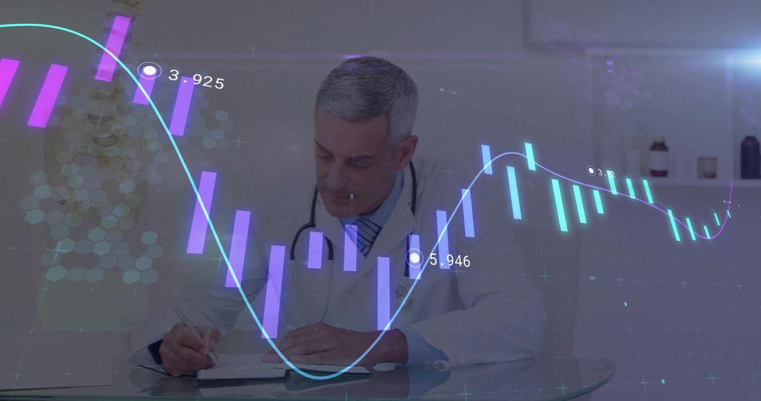 Futuristic Healthcare Professional Analyzing Data with Holographic Charts