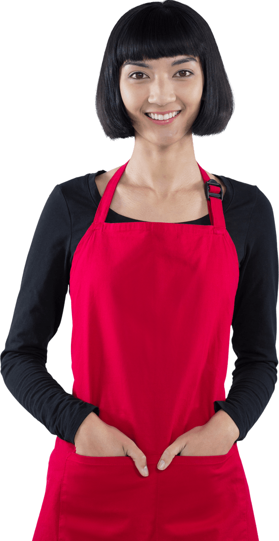 Smiling Waitress in Bright Red Apron on Transparent Background
