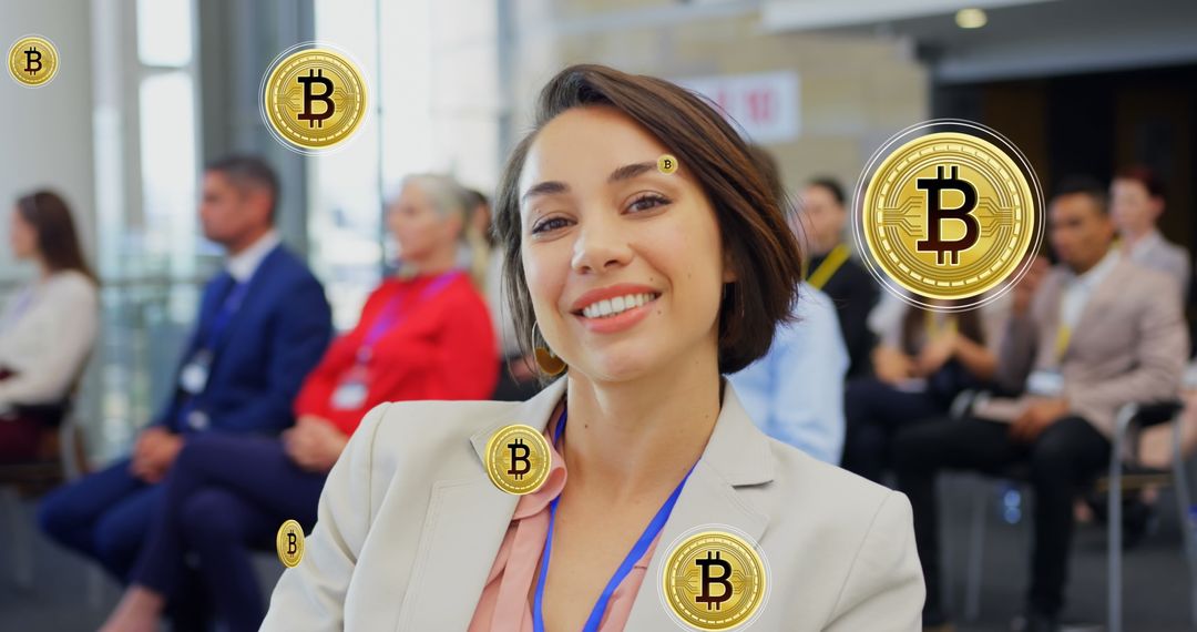 Business Professional in Tech Conference with Bitcoin Symbols
