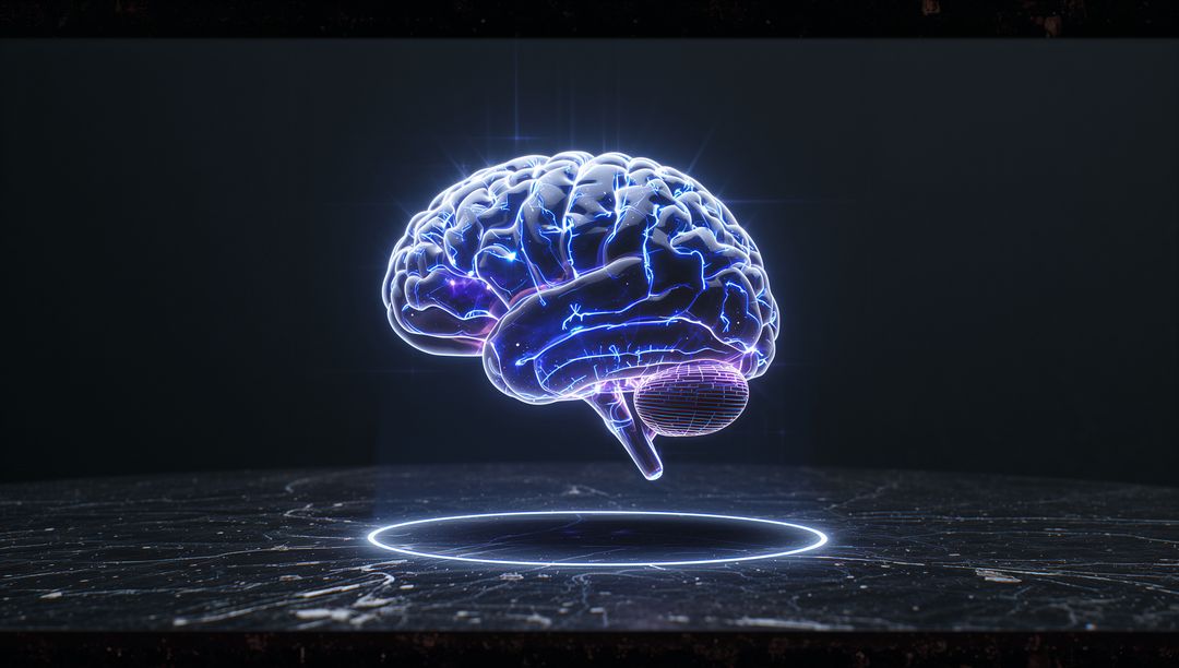 Futuristic Holographic Brain with Neural Pathways Lighting Up